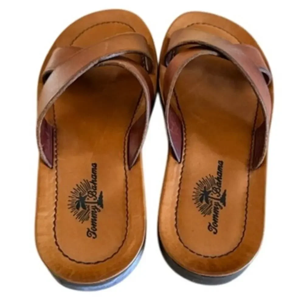 Tommy Bahama Brown Leather Cross Strap Slide Sandals Men's Size 9